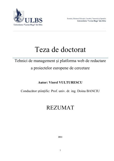 Teza de doctorat - Doctorate ULBS - &quot;Lucian Blaga&quot; din Sibiu