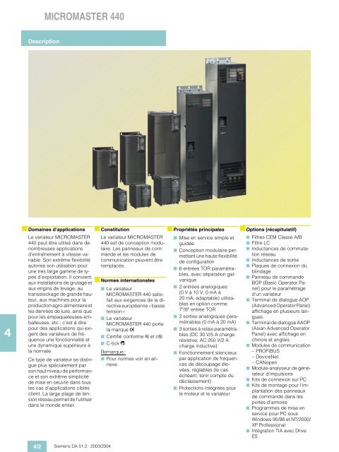 Catalogue SIEMENS Variateurs Micromaster - MIDI Bobinage