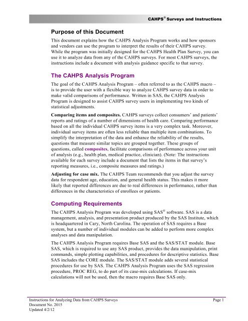 Instructions for Analyzing Data from CAHPS Surveys