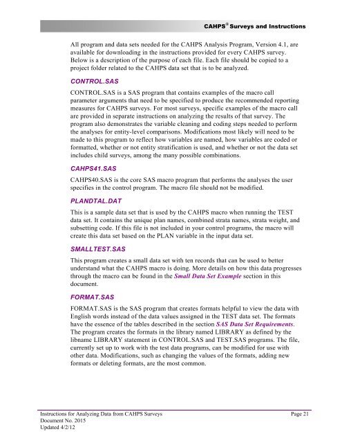 Instructions for Analyzing Data from CAHPS Surveys