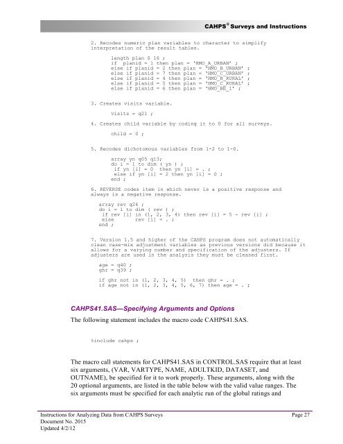 Instructions for Analyzing Data from CAHPS Surveys