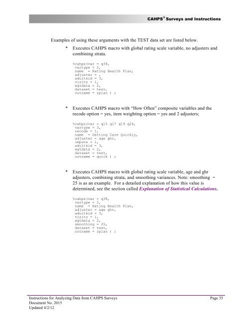 Instructions for Analyzing Data from CAHPS Surveys