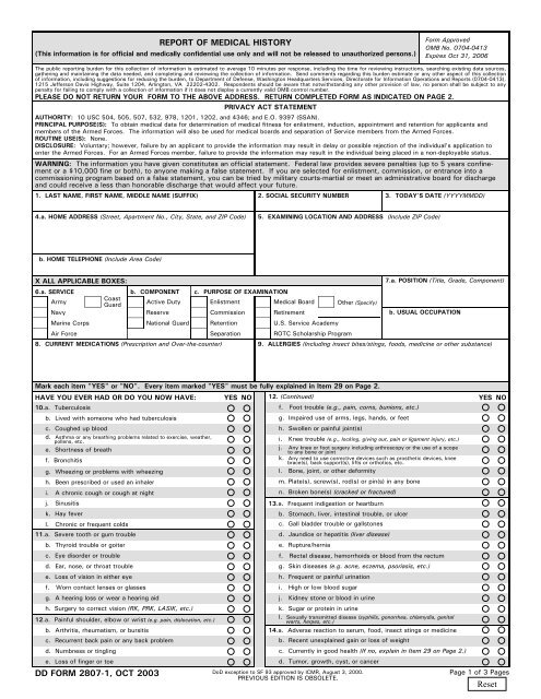 DD Form 2807-1, Report of Medical History, October 2003