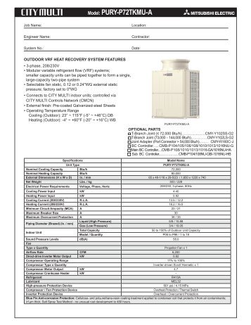 Model: PURY-P72TKMU-A - Mitsubishi Electric Sales Canada Inc.