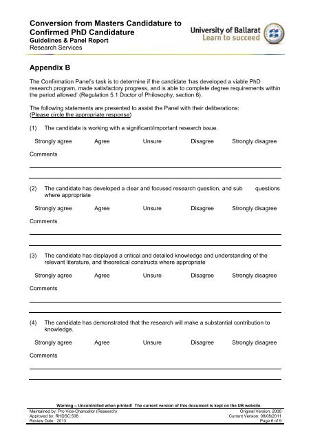 Conversion from Masters Candidature to Confirmed PhD Candidature