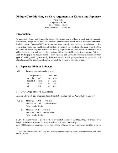 Oblique Case Marking On Core Arguments In Korean And Japanese Oblique Case Marking On Core Arguments In Korean And Japanese