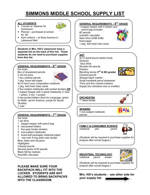 SIMMONS MIDDLE SCHOOL SUPPLY LIST   Simmons Middle School Supply List 