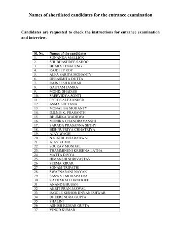 List of selected candidates for the entrance examination