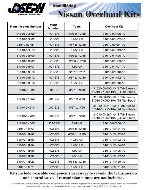 Transmission Overhaul Kits For Nissan Forklifts - Joseph Industries ...