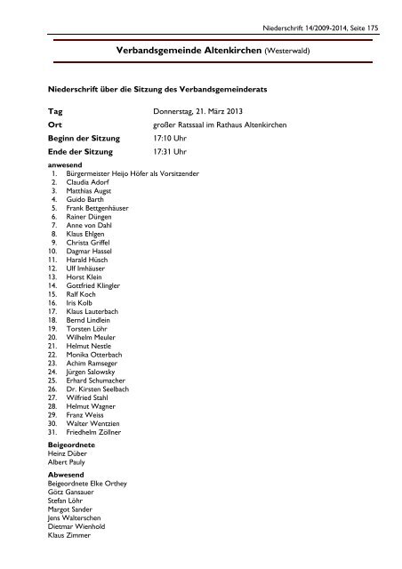 Sitzung des Verbandsgemeinderats am 21. März 2013