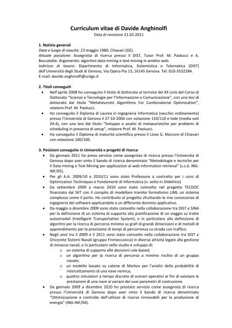 Curriculum vitae di Davide Anghinolfi - UniversitÃ  degli Studi di ...