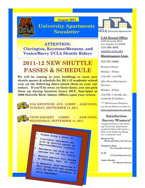 2011-12 NEW SHUTTLE PASSES & SCHEDULE - UCLA - Housing