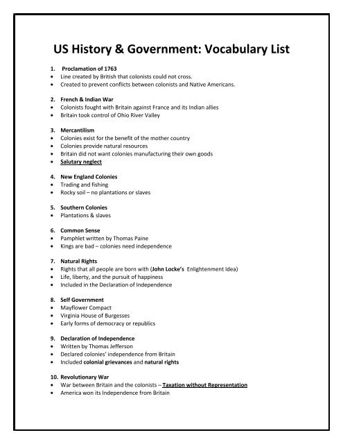 US History & Government: Vocabulary List