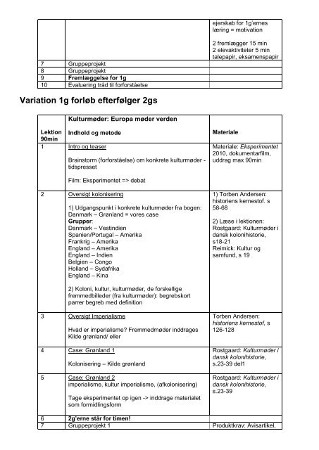 Forløb forår 2011 – først i en 2g og så forskudt i ... - historiedidaktik.dk