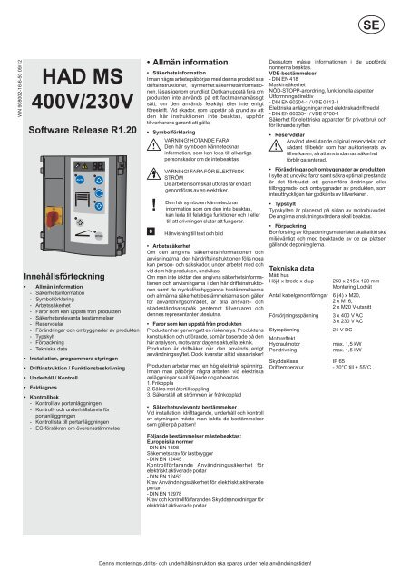 HAD 400 Manual installation, drift och kontrollbok - Novoferm
