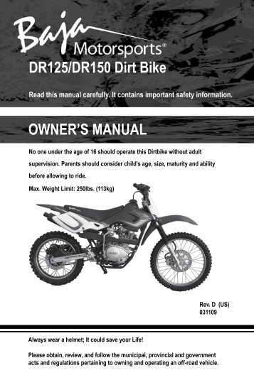 DR125/DR150 Dirt Bike OWNER'S MANUAL - Baja Motorsports