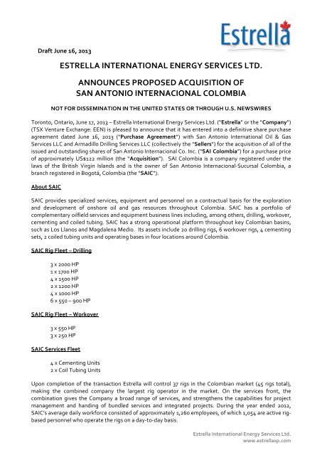 2013/06/16 Estrella announces proposed acquisition of San Antonio ...