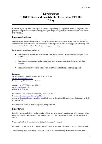 Kursprogram VBKF01 Konstruktionsteknik- Byggsystem VT 2013 7,5 ...