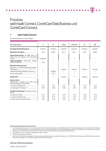 Preisliste web'n'walk Connect, Combicard Data Business und ...