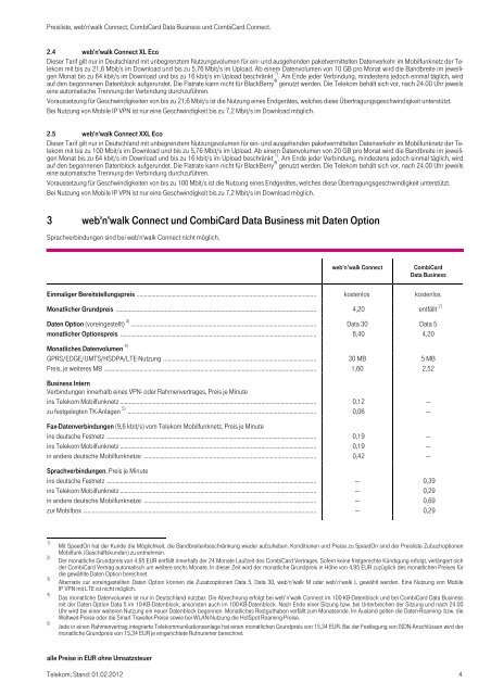 Preisliste web'n'walk Connect, Combicard Data Business und ...