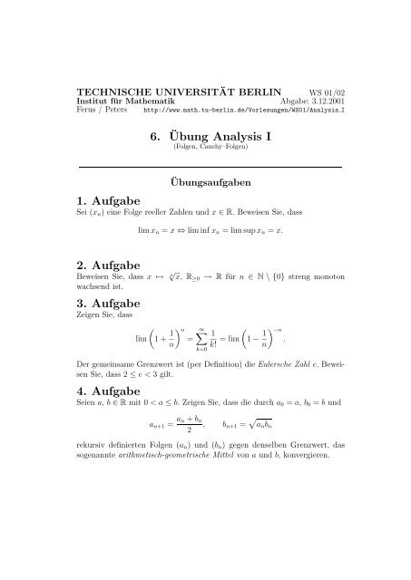 6. Â¨Ubung Analysis I 1. Aufgabe 2. Aufgabe 3. Aufgabe 4. Aufgabe