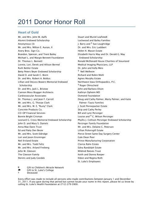 2011 Donor Honor Roll - St. Luke's Health System