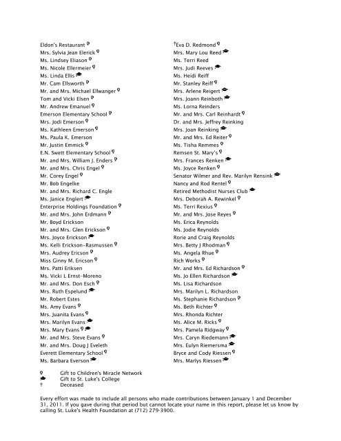 2011 Donor Honor Roll - St. Luke's Health System