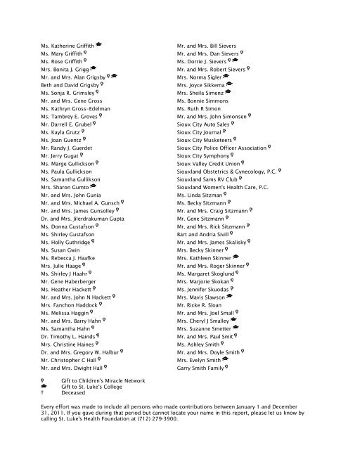 2011 Donor Honor Roll - St. Luke's Health System