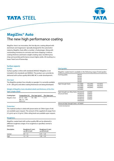 MagiZincÂ® Auto - Data sheet - Tata Steel in the automotive industry