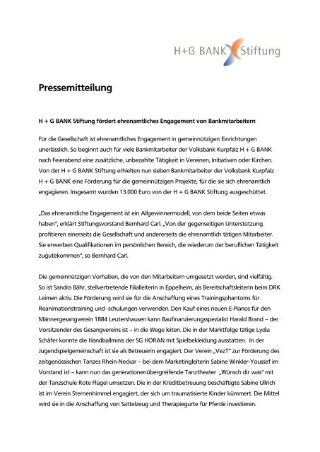 Pressemitteilung Der H G Bank Stiftung Drk Leimen