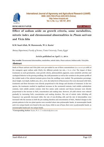 Effect of sodium azide on growth criteria, some metabolites, mitotic index and chromosomal abnormalities in Pisum sativum and Vicia faba