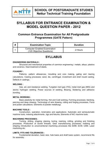 Entrance Exam Syllabus & Model Question Paper - NTTF