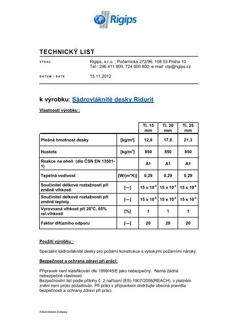TL- SÃ¡drovlÃ¡knitÃ© desky Ridurit - Rigips
