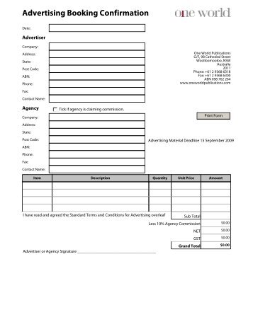 Advertising Booking Confirmation Form - One World Publications