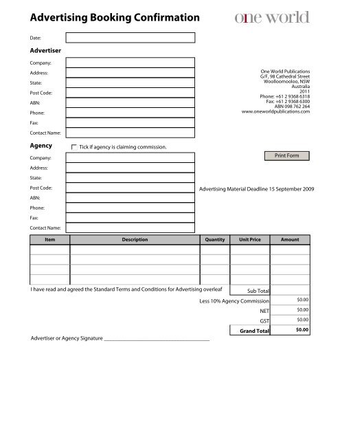 Advertising Booking Confirmation Form - One World Publications