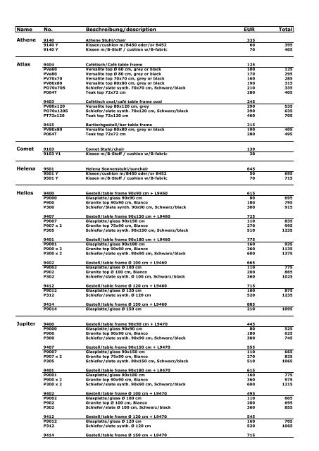 EXPORT EUR VK-Preisliste/Retail price list - Strandkorb & Co.