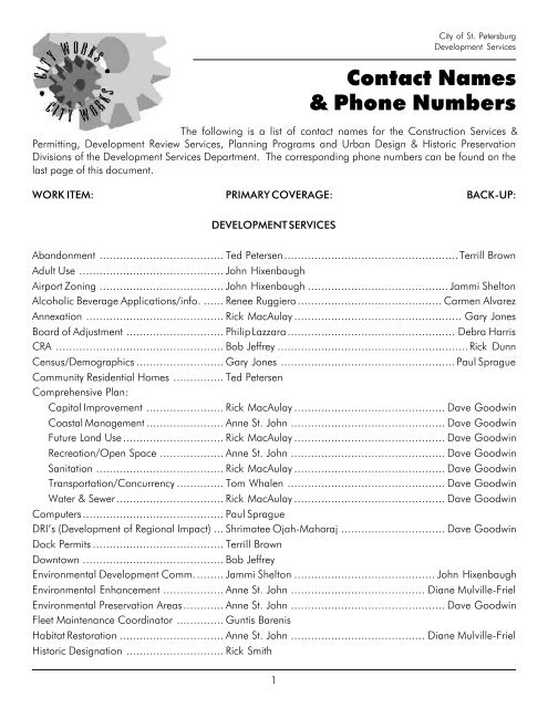 Contact Names & Phone Numbers - City of St. Petersburg