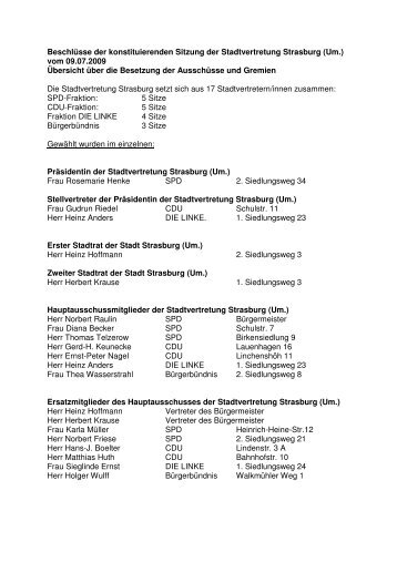 Beschlüsse der konstituierenden Sitzung der ... - Stadt Strasburg