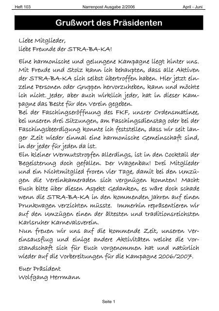 GruÃŸwort des PrÃ¤sidenten - Stra-Ba-Ka