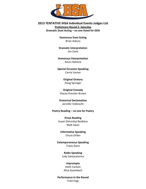 2013 TENTATIVE IHSA Individual Events Judges List