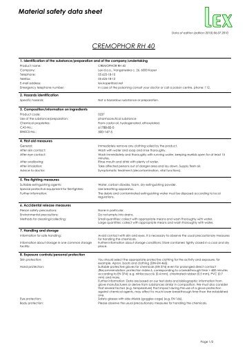 Material safety data sheet CREMOPHOR RH 40 - Lex doo