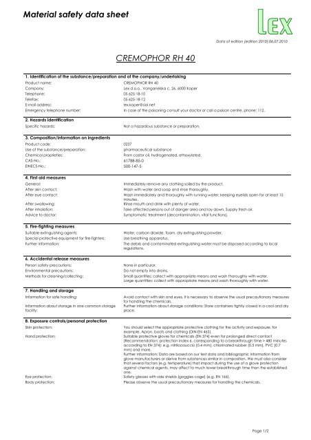 Material safety data sheet CREMOPHOR RH 40 - Lex doo