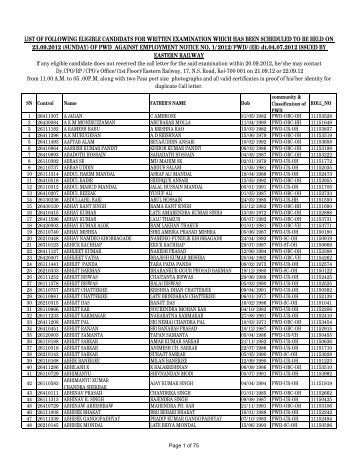 of pwd - Eastern Railway