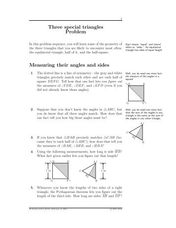 Three special triangles Problem Measuring their angles and sides