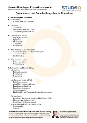 Klausur-Unterlagen Produktionstheorie Produktions- und - Studeo