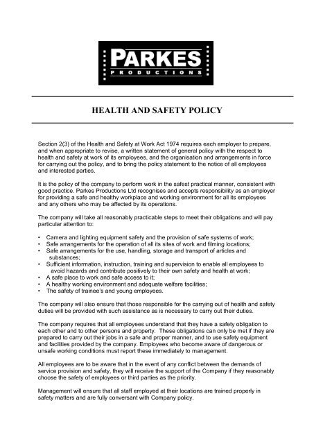 HEALTH AND SAFETY POLICY - Parkes Productions Ltd