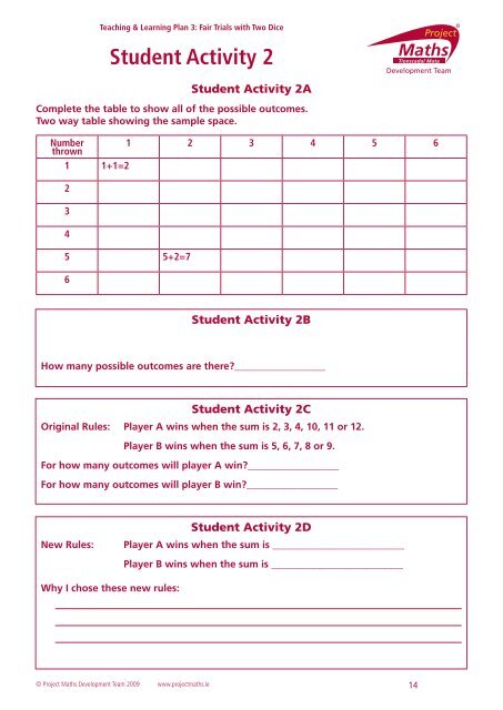 Plan 3: Fair Trials with Two Dice - Project Maths