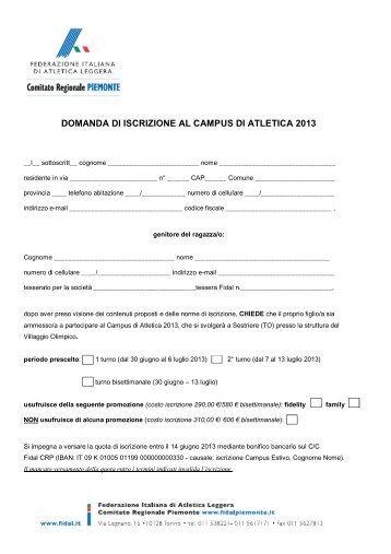 domanda di iscrizione al campus di atletica 2013 - Fidal Piemonte