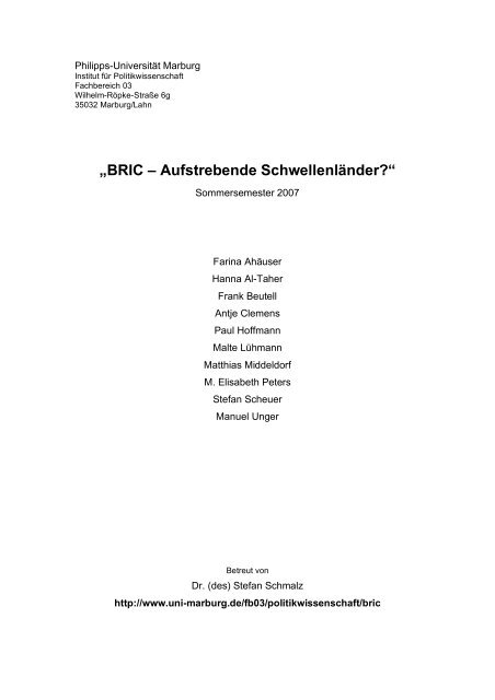 BRIC â€“ Aufstrebende SchwellenlÃ¤nder? - Philipps-UniversitÃ¤t Marburg