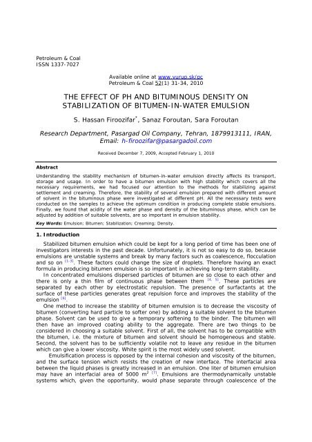 the effect of ph and bituminous density on stabilization of bitumen-in ...